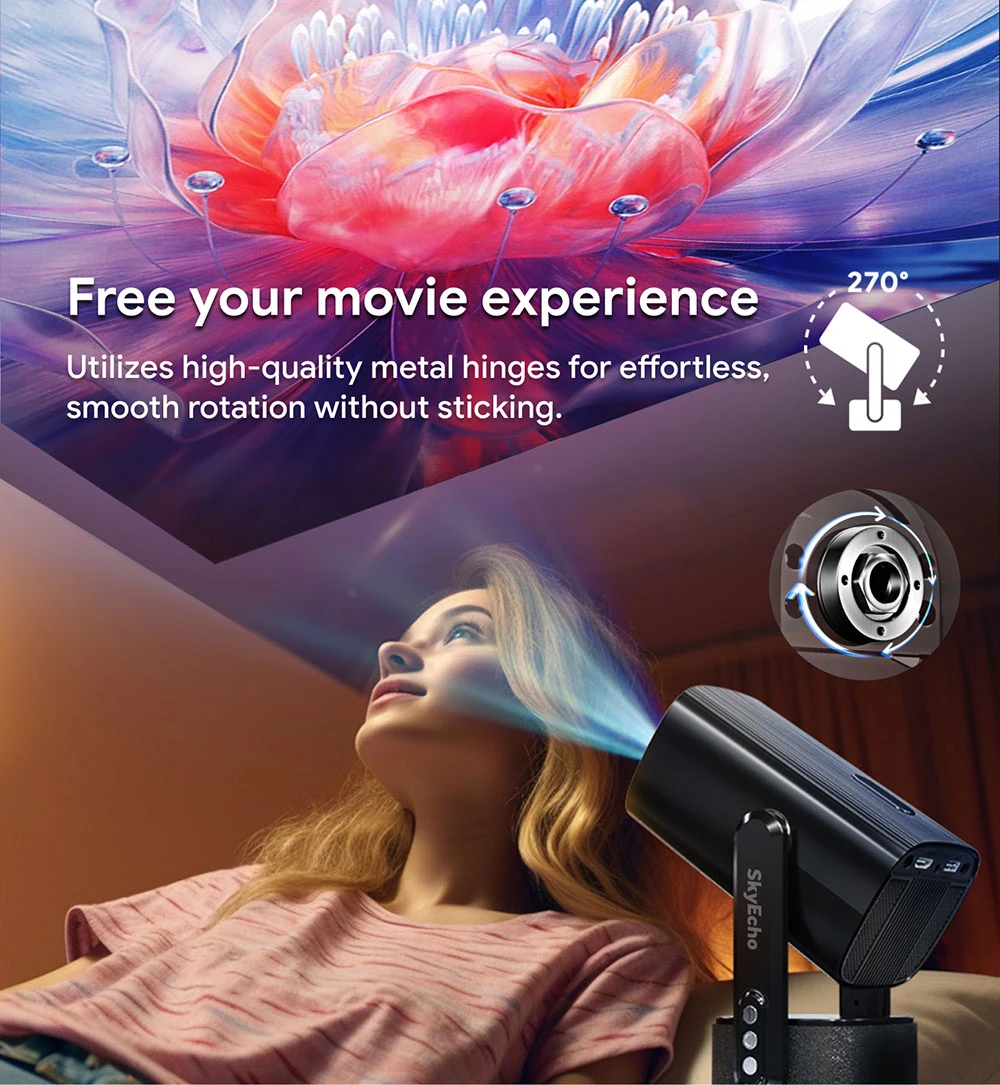 SkyEcho FreeONE Pro Built-in Battery Portable Projector, 5200mAh Battery for 2 Hours Playtime, 350 ANSI Lumens, Native 720P, 270° Gimbal Stand, Auto-Focus, Auto Keystone, Android OS - Black, EU Plug