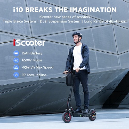 iScooter i10 Electric Scooter, 650W Motor, 36V 15Ah, 10-inch Pneumatic Tire, 40km/h Max Speed, 45km Max Range, ‎Front and Rear Suspension, Electronic Brake & Disc Brake