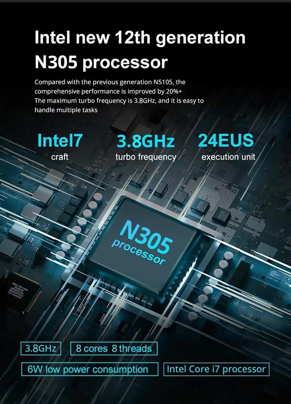 N9N Pro Mini PC, Intel Core i3-N305 8 Cores Up to 3.8GHz, 16GB RAM 512GB SSD, 1*HDMI+1*DP 4K Dual Display, WiFi 5 Bluetooth 4.2, 5*USB3.2 1*USB2.0 1*Tpye-C 2*RJ45 1*Audio Jack - EU