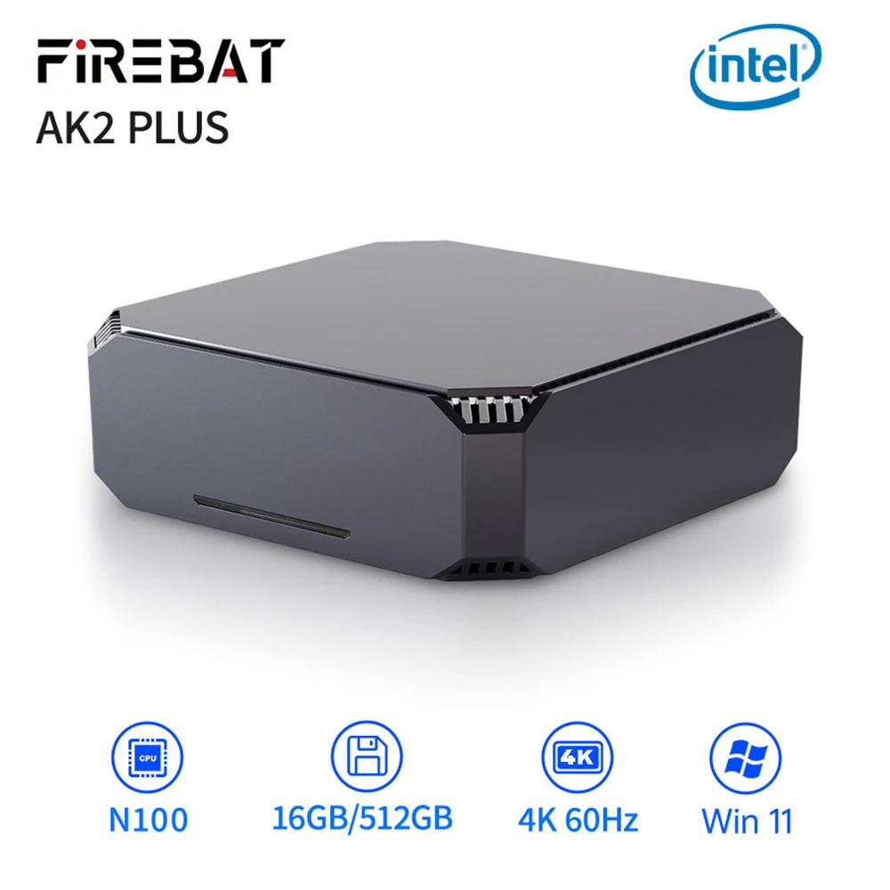 FIREBAT AK2 Plus Mini PC, Intel N100 4 Cores Max 3.4GHz, 16GB RAM 512GB SSD, 2*HDMI 2.0 4K 60Hz Dual Screen Display, WiFi 5 Bluetooth 4.2, 2*USB 3.2 2*USB 2.0 1*LAN 1*Audio, Cooling Fan - EU Plug
