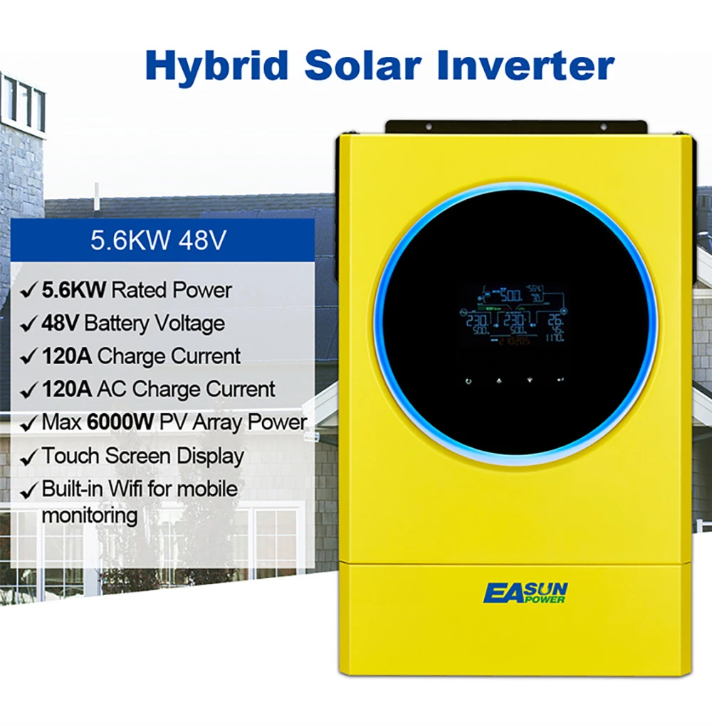 EASUN POWER IGrid SV IV 5.6KW Hybrid Solar Inverter, 48V Battery Voltage, Max 6000W PV Array Power, 120A Charge Current, Pure Sine Wave, Parallel Support, Touch Screen Display, Built-in WiFi, Yellow