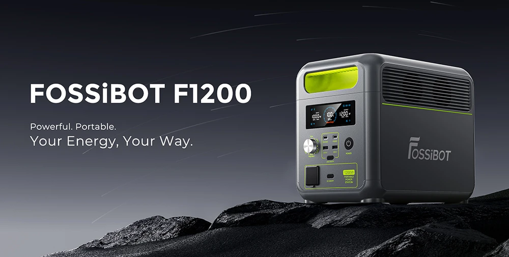 Centrală portabilă FOSSIBOT F1200, capacitate 1024 Wh, putere nominală 1200 W, 3 moduri de lumină LED, 7 porturi de ieșire, protecție BMS, comutare <10 ms, regulator de intrare în 5 trepte, baterie LiFePO4 de calitate EV, 4000+ timpi de ciclu