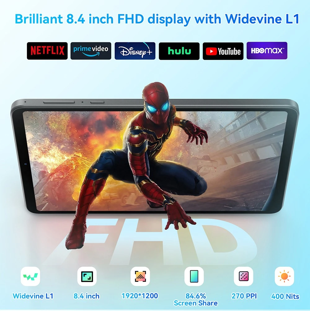 (Free Case & Keyboard) Headwolf FPad5 Android 14 Tablet, 8.4-inch 1920*1200 IPS Screen, Helio G99 8 Core Max 2.2GHz, 8GB RAM 128GB ROM, 2.4G/5G WiFi Bluetooth 5.0 Dual 4G LTE, 13MP+8MP Camera, Face Unlock, 5500mAh Battery, Widevine L1