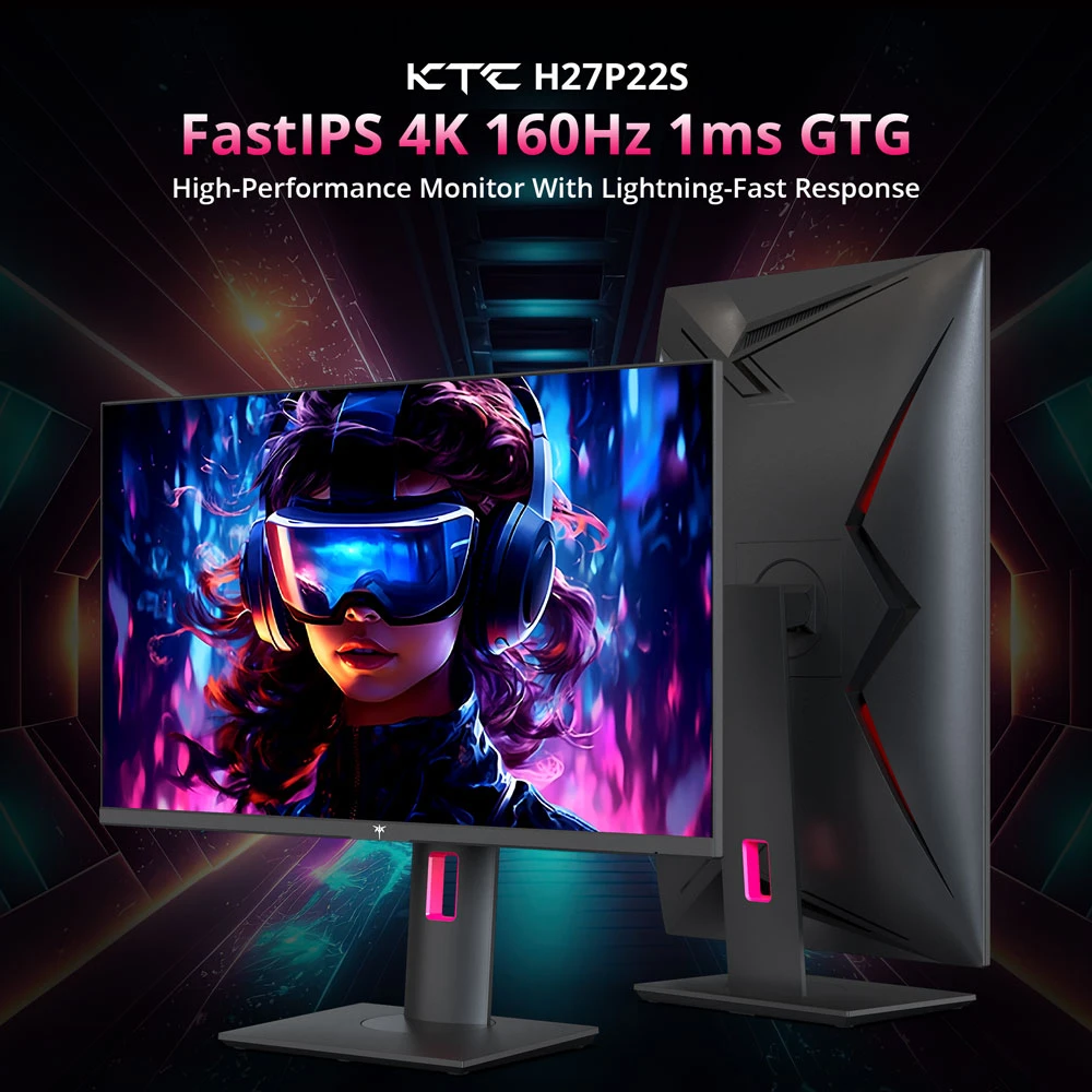 KTC H27P22S 27-inch Gaming Monitor, 3840x2160 UHD AUO 7.0 FAST IPS Panel, HDR400, 160Hz Refresh Rate, 1ms Response Time, 132%sRGB, Compatible with FreeSync and G-SYNC, Low-blue Light, 2*HDMI2.1 2*DP1.4 1*USB2.0, Adjustable Stand & Support VESA Mount