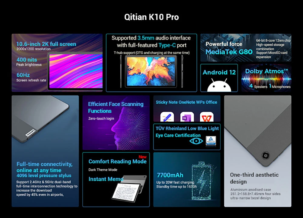 Lenovo Qitian K10 Pro Tablet (International Version), 10.6'' 2000*1200 Screen, MediaTek G80 8 Core Max 1.8GHz, Android 12 Multi-language, 4GB RAM 128GB ROM, 7700mAh Battery, 8MP+13MP Camera, 2.4/5GHz WiFi Bluetooth 5.0, Face Recognition - EU Plug