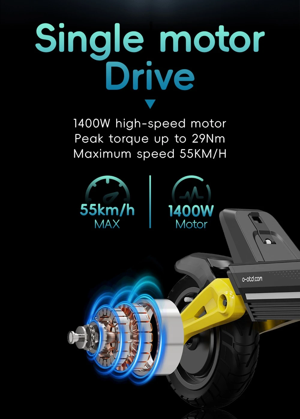 Scooter electric OOTD S10, 1400W Motor, Anvelope de 10 inch, 48V 20AH Baterie, 55km/h Max Speed, 60-70km, Brake, Suspensie frontală și spate