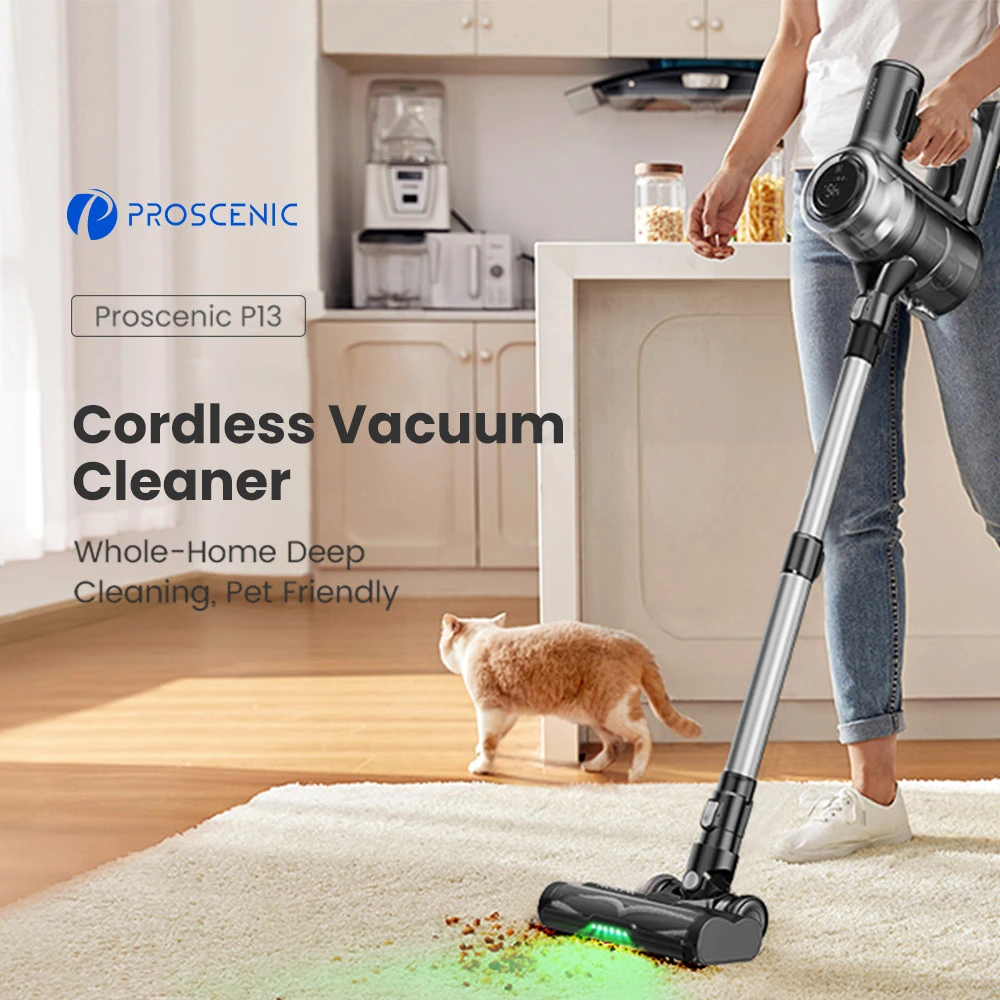 Proscenic P13 Cordless Vacuum Cleaner, 35Kpa Suction, Stick Vacuum with Green Light, LED Display, Max 45mins Runtime, 1.2L Dustbin, Anti-tangle Roller Brush, 5-layer Filtration System, for Pet Hair, Hard Floor & Carpet, Gray