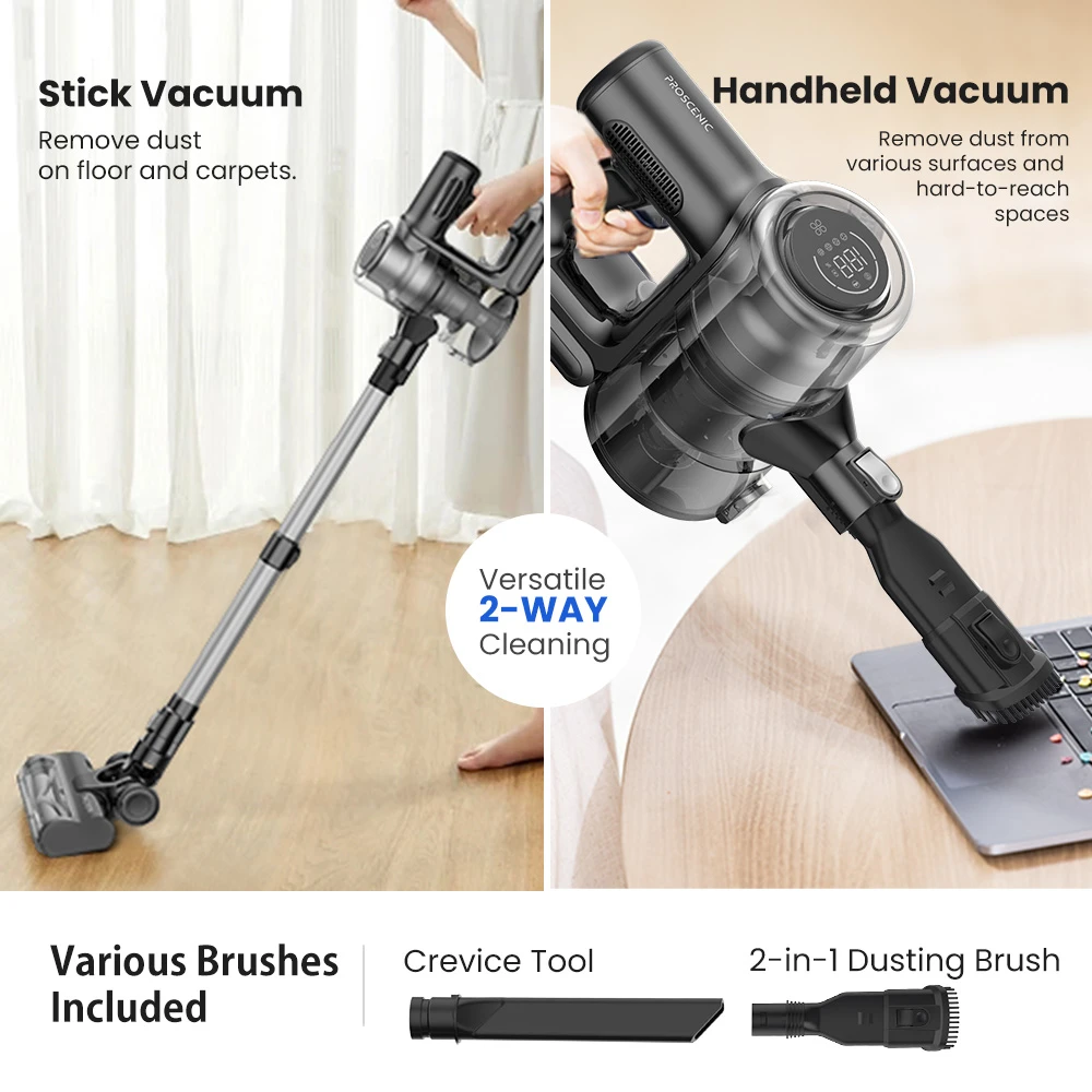 Proscenic P13 Cordless Vacuum Cleaner, 35Kpa Suction, Stick Vacuum with Green Light, LED Display, Max 45mins Runtime, 1.2L Dustbin, Anti-tangle Roller Brush, 5-layer Filtration System, for Pet Hair, Hard Floor & Carpet, Gray