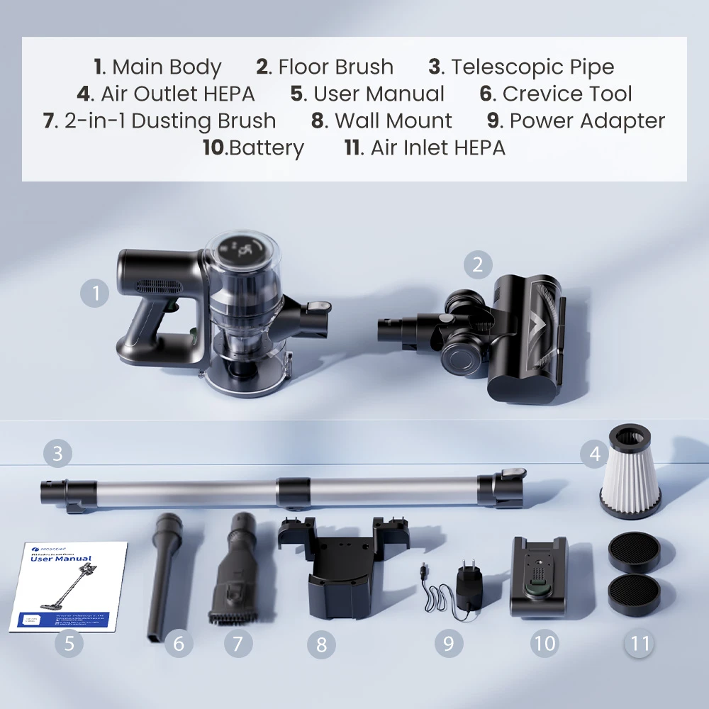 Proscenic P13 Cordless Vacuum Cleaner, 35Kpa Suction, Stick Vacuum with Green Light, LED Display, Max 45mins Runtime, 1.2L Dustbin, Anti-tangle Roller Brush, 5-layer Filtration System, for Pet Hair, Hard Floor & Carpet, Gray