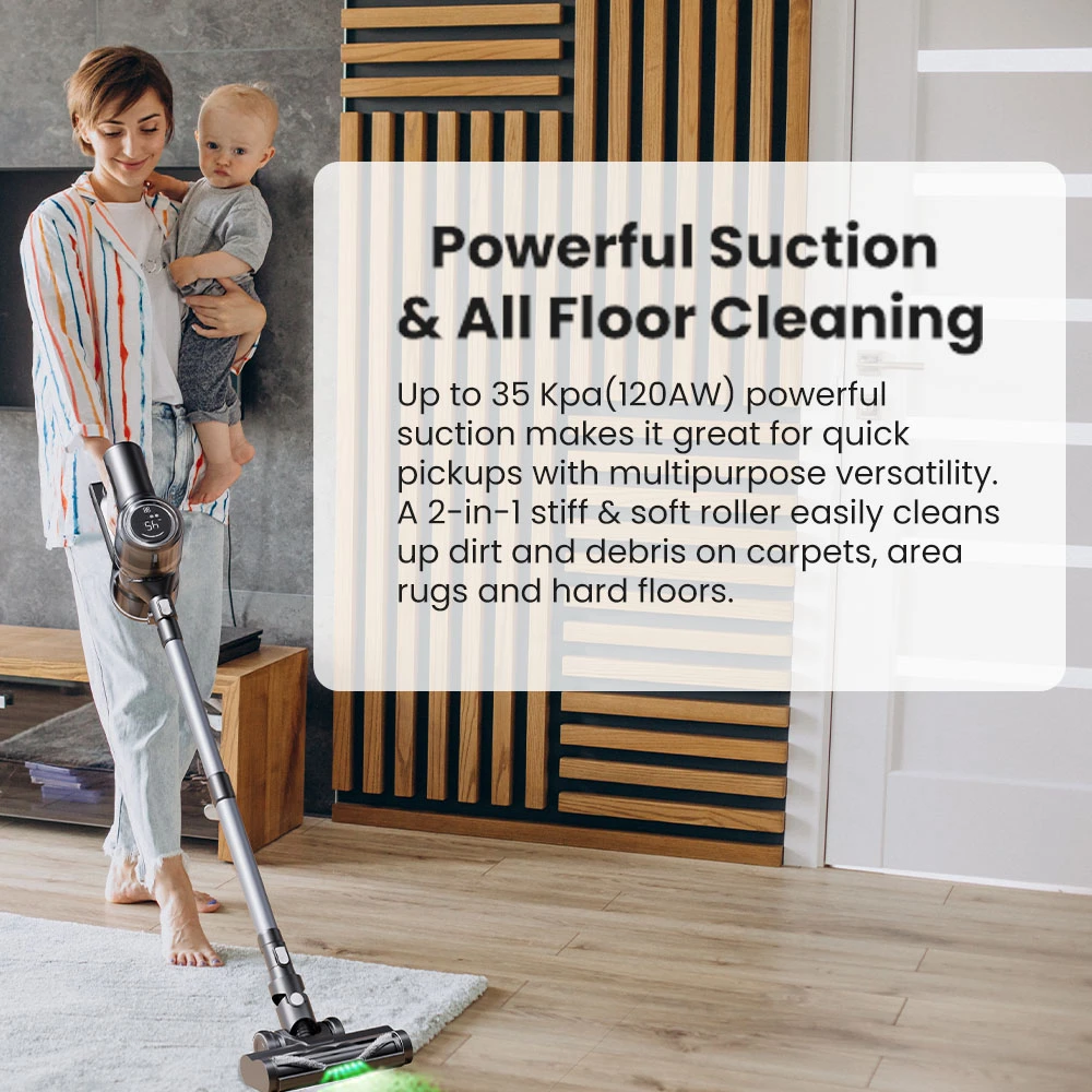 Proscenic P13 Cordless Vacuum Cleaner, 35Kpa Suction, Stick Vacuum with Green Light, LED Display, Max 45mins Runtime, 1.2L Dustbin, Anti-tangle Roller Brush, 5-layer Filtration System, for Pet Hair, Hard Floor & Carpet, Gray