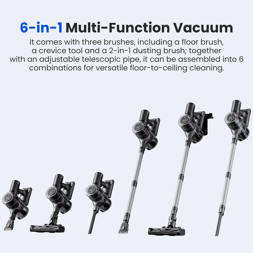 Proscenic P13 Cordless Vacuum Cleaner, 35Kpa Suction, Stick Vacuum with Green Light, LED Display, Max 45mins Runtime, 1.2L Dustbin, Anti-tangle Roller Brush, 5-layer Filtration System, for Pet Hair, Hard Floor & Carpet, Gray