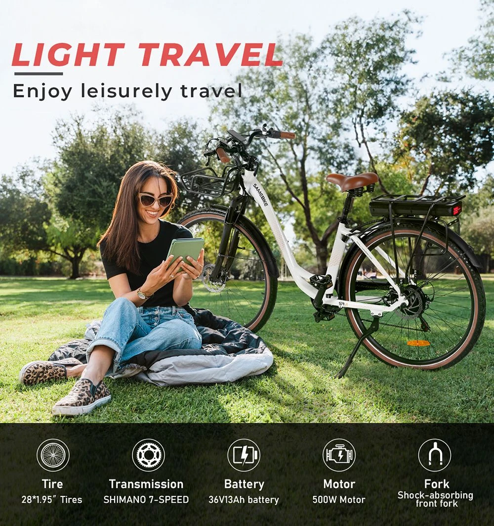 SAMEBIKE RS-A07 Electric Bike, 500W Motor, 36V 13Ah Battery, 2.8*1.95-inch Tire, 35km/h Max Speed, 80km Max Range, Triple Suspension, Mechanical Disc Brakes, Shimano 7-speed - White