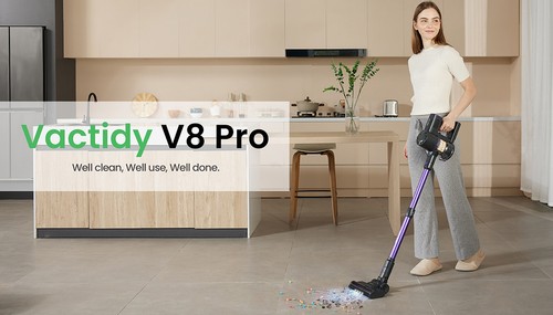 Belaidis dulkių siurblys Vactidy V8 Pro, 25 kPa galingas siurbimas, cikloninio filtravimo sistema, 500 ml dulkių puodelis, LED jutiklinis ekranas, 180° pasukama šepetėlio galvutė, 35 min. veikimo laikas, stovintis dizainas