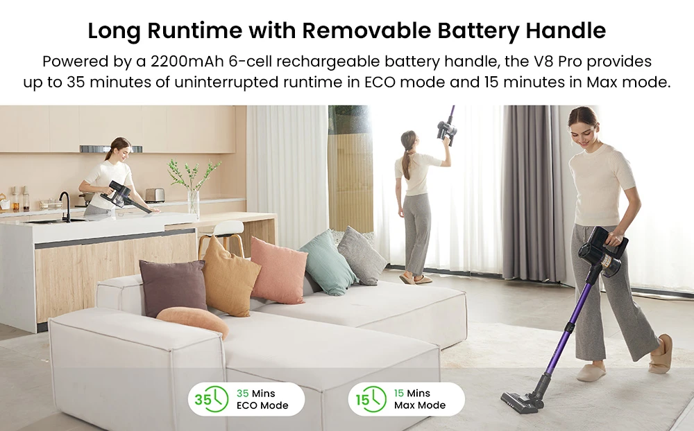 Vactidy V8 Pro Cordless Vacuum Cleaner, 25kPa Powerful Suction, Cyclonic Filtration System, 500ml Dust Cup, LED Touch Display, 180° Rotatable Brush Head, 35min Runtime, Self-Standing Design