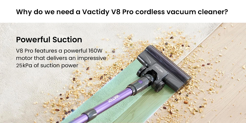 Vactidy V8 Pro Cordless Vacuum Cleaner, 25kPa Powerful Suction, Cyclonic Filtration System, 500ml Dust Cup, LED Touch Display, 180° Rotatable Brush Head, 35min Runtime, Self-Standing Design