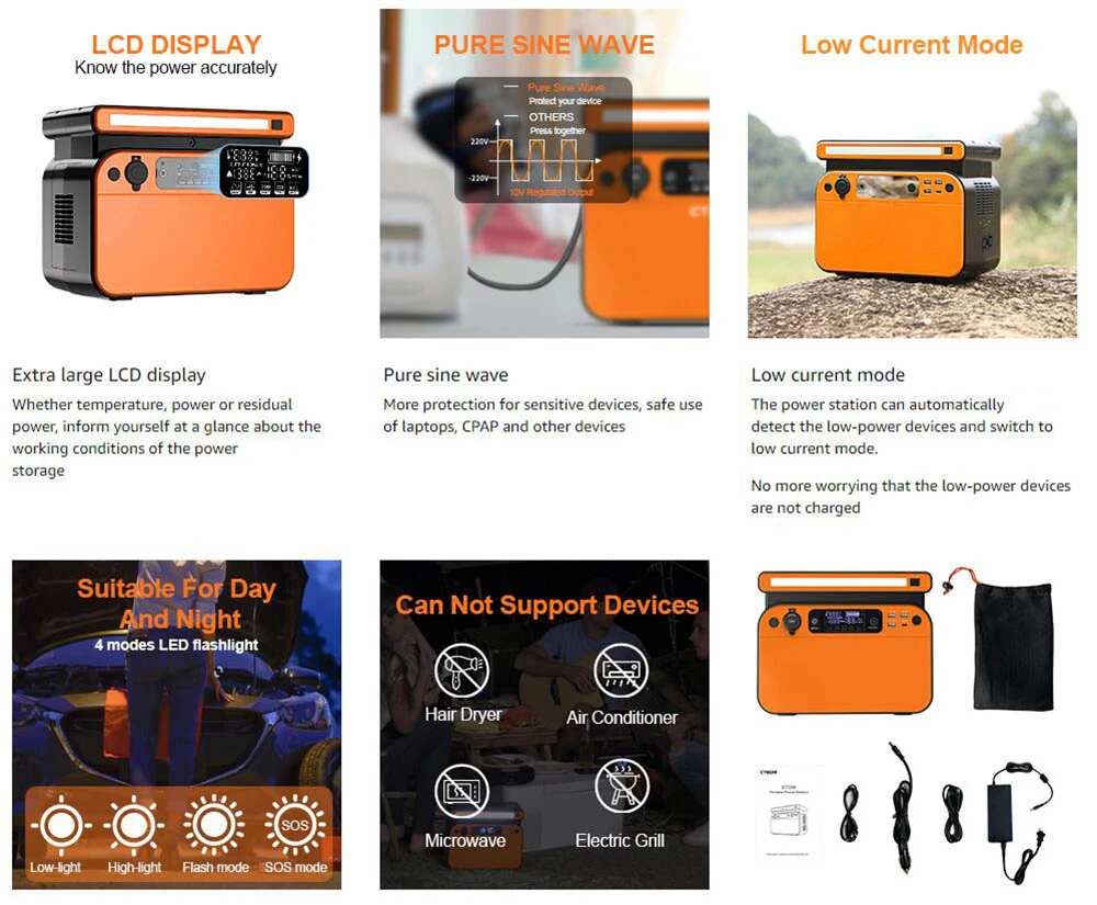 JustNow 500W Portable Power Station, 518Wh LiFePO4 Battery, with AC/Car Port/USB Output, LCD Display, Dual 10W Wireless Charging, Orange
