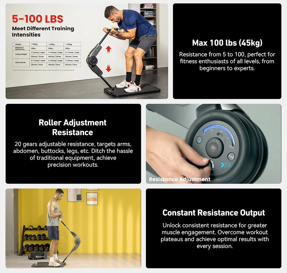 HALYTUS Hookee Plus All-in-one Smart Fitness Machine, Home Gym, Bi-directional Resistance, App Workout Guide, 5-100lbs Resistance, 20 Adjustable Levels, 600mins Run Time, Gray