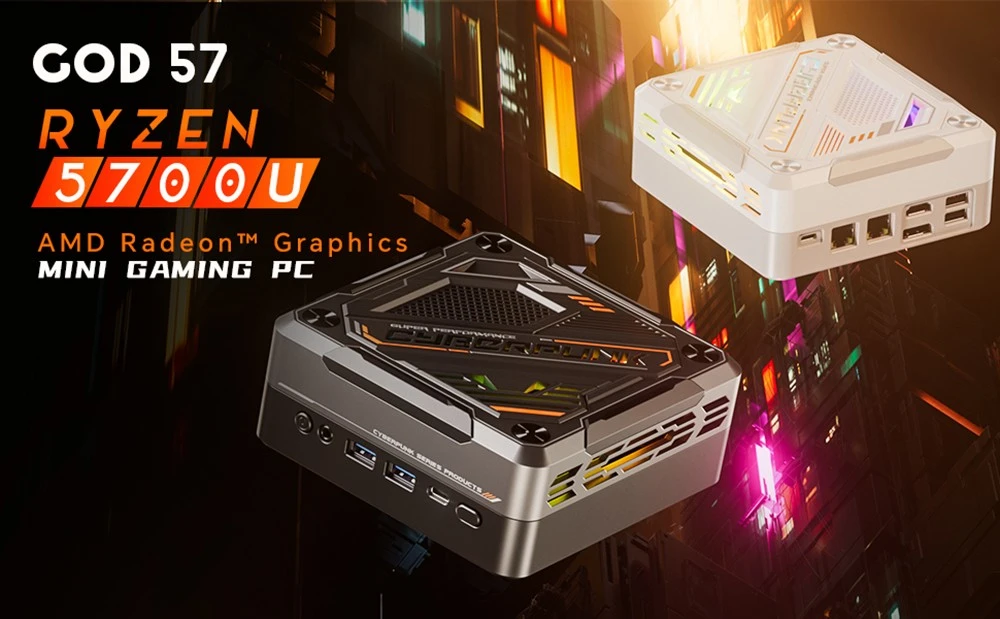 GOD57 Mini PC, AMD Ryzen 7 5700U 8 Cores Up to 4.3GHz, 32GB RAM 1TB SSD, WiFi 6 Bluetooth 5.2, HDMI/DP/Type-C 4K@60Hz Triple Display, 2*USB 3.2 2*USB 2.0, 1*1000M RJ45 1*2.5G RJ45, 1*3.5mm Headphone Jack, RGB Light, 65W Charging - EU Plug