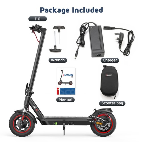 iScooter i10 Electric Scooter, 650W Motor, 36V 15Ah, 10-inch Pneumatic Tire, 40km/h Max Speed, 45km Max Range, ‎Front and Rear Suspension, Electronic Brake & Disc Brake