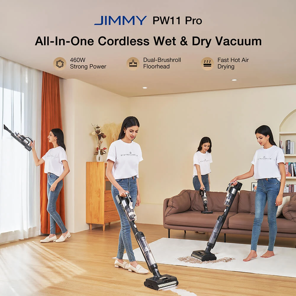 JIMMY PW11 Pro 4-in-1 Cordless Vacuum & Washer, 460W Strong Power, Double Cleaning, Hot Air Fast Dry, LED Screen, 180&deg; Lay Flat Design, Dual Roller Brushes, Silver-black Color