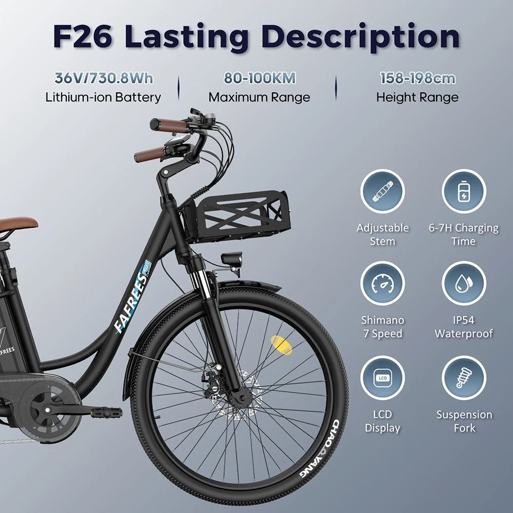 Fafrees F26 Lasting Electric Bike, 250W Motor, 36V 20.3Ah Battery, 26*1.95'' Tires, 25km/h Max Speed, 140km Range, SHIMANO 7 Speed, Mechanical Disc Brakes, 2.3-inch LCD Display - Black