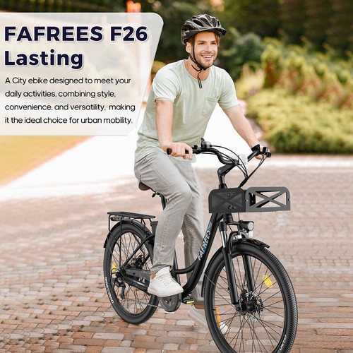 Vélo électrique durable Fafrees F26, moteur 250 W, batterie 36 V 20,3 Ah, pneus 26 x 1,95", vitesse maximale 25 km/h, autonomie 140 km, SHIMANO 7 vitesses, freins à disque mécaniques, écran LCD 2,3 pouces - Gris