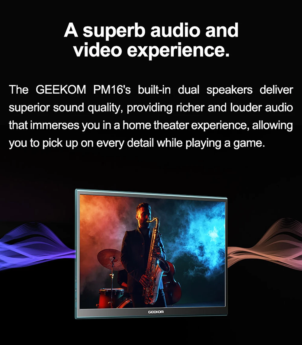 GEEKOM PM16 16-inch Portable Monitor with Smart Cover, 1920*1200 FHD Display, 178 ° Viewing Angle, 800:1 Contrast Ratio, 2* Full-function Type-C, 1*Mini HDMI, External Gaming Monitor for PC, Phone, Tablet, Xbox, PS4, Switch