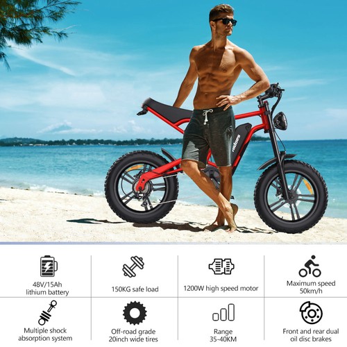 Hidoes B6 Electric Bike, 1200W Motor, 48V 15Ah Battery, 20"x4" Fat Tires, 50km/h Max Speed, 75km Range, Front & Rear Oil Disc Brakes, Hydraulic Shock Absorber - Red