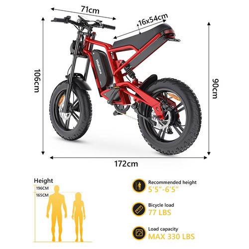 Hidoes B6 Electric Bike, 1200W Motor, 48V 15Ah Battery, 20"x4" Fat Tires, 50km/h Max Speed, 75km Range, Front & Rear Oil Disc Brakes, Hydraulic Shock Absorber - Red