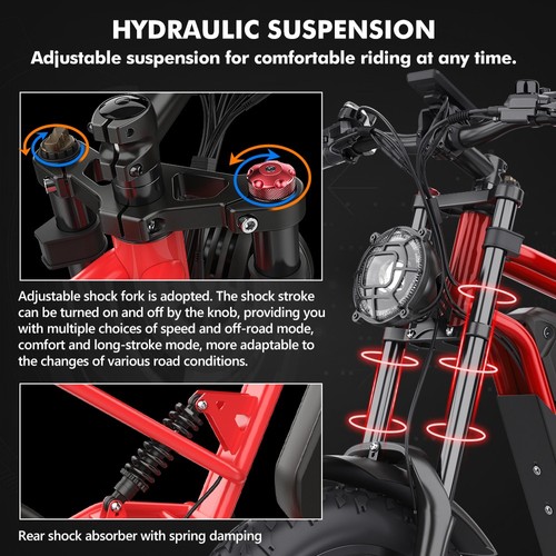 Hidoes B6 Electric Bike, 1200W Motor, 48V 15Ah Battery, 20"x4" Fat Tires, 50km/h Max Speed, 75km Range, Front & Rear Oil Disc Brakes, Hydraulic Shock Absorber - Red