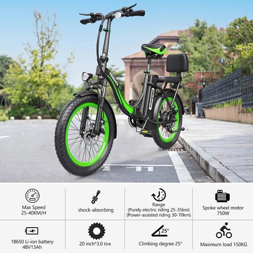 „Hidoes C1“ elektrinis dviratis su galine sėdyne, 750 W varikliu, 48 V 13 Ah baterija, 20 x 3 colių storio padanga, maksimalus greitis 40 km/h, nuvažiuojamas atstumas 70 km, priekinis ir galinis diskiniai stabdžiai