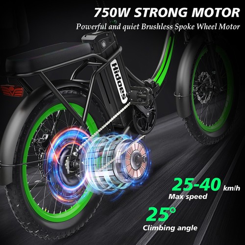 „Hidoes C1“ elektrinis dviratis su galine sėdyne, 750 W varikliu, 48 V 13 Ah baterija, 20 x 3 colių storio padanga, maksimalus greitis 40 km/h, nuvažiuojamas atstumas 70 km, priekinis ir galinis diskiniai stabdžiai