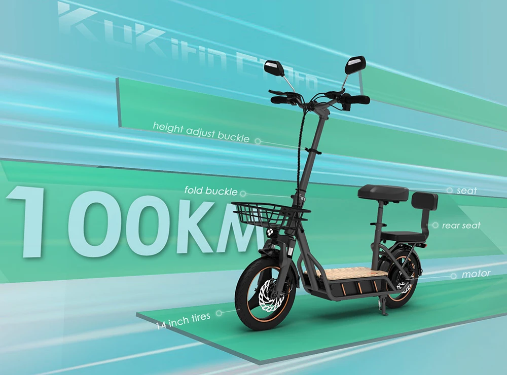 (Upgraded Version) KuKirin C1 Pro Electric Scooter, 500W Motor, 48V 26Ah Battery, 14-inch Pneumatic Tire, 45km Max Speed, 100km Range, One-click Folding, Rear Seat & Front Storage Basket, Rearview Mirror