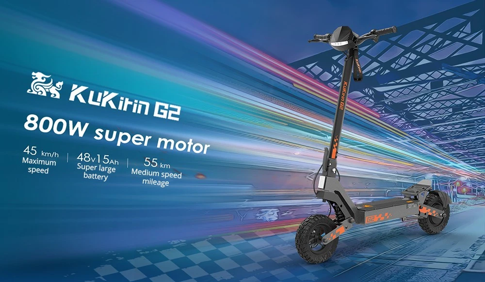 Kukirin G2 Foldable Electric Scooter, 800W Motor, 48V 15Ah Battery, 10-inch Tires, 45km/h Max Speed, 55km Range, Touchscreen Display, Front & Rear Disc Brakes