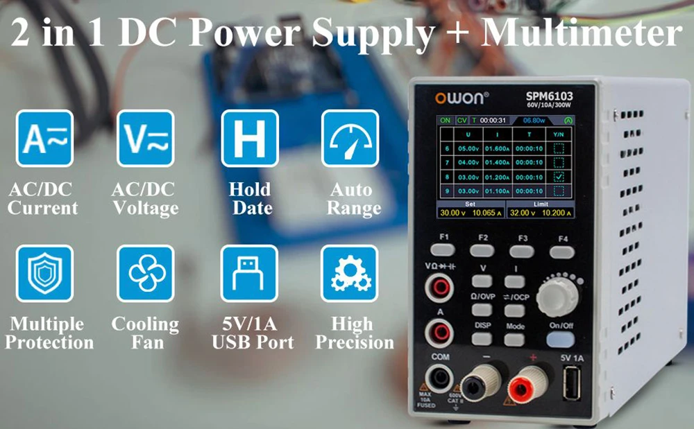 OWON SPM6103 DC Power Supply with Multimeter, 60V/10A Output Range, 300W Power, 10mV/1mA Resolution, 2.8-inch TFT LCD, 4 1/2 Digits, Support SCPI - UK Plug