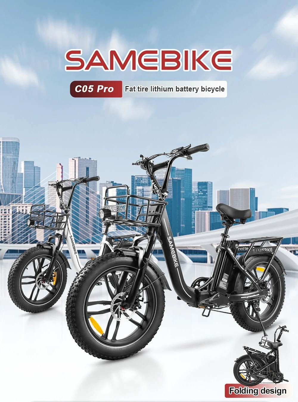 Vélo électrique SAMEBIKE C05 Pro, moteur 500 W, batterie 36 V 13 Ah, pneus 20 x 4 pouces, vitesse maximale 35 km/h, autonomie maximale 70 km, freins à disque mécaniques, Shimano 7 vitesses - Blanc