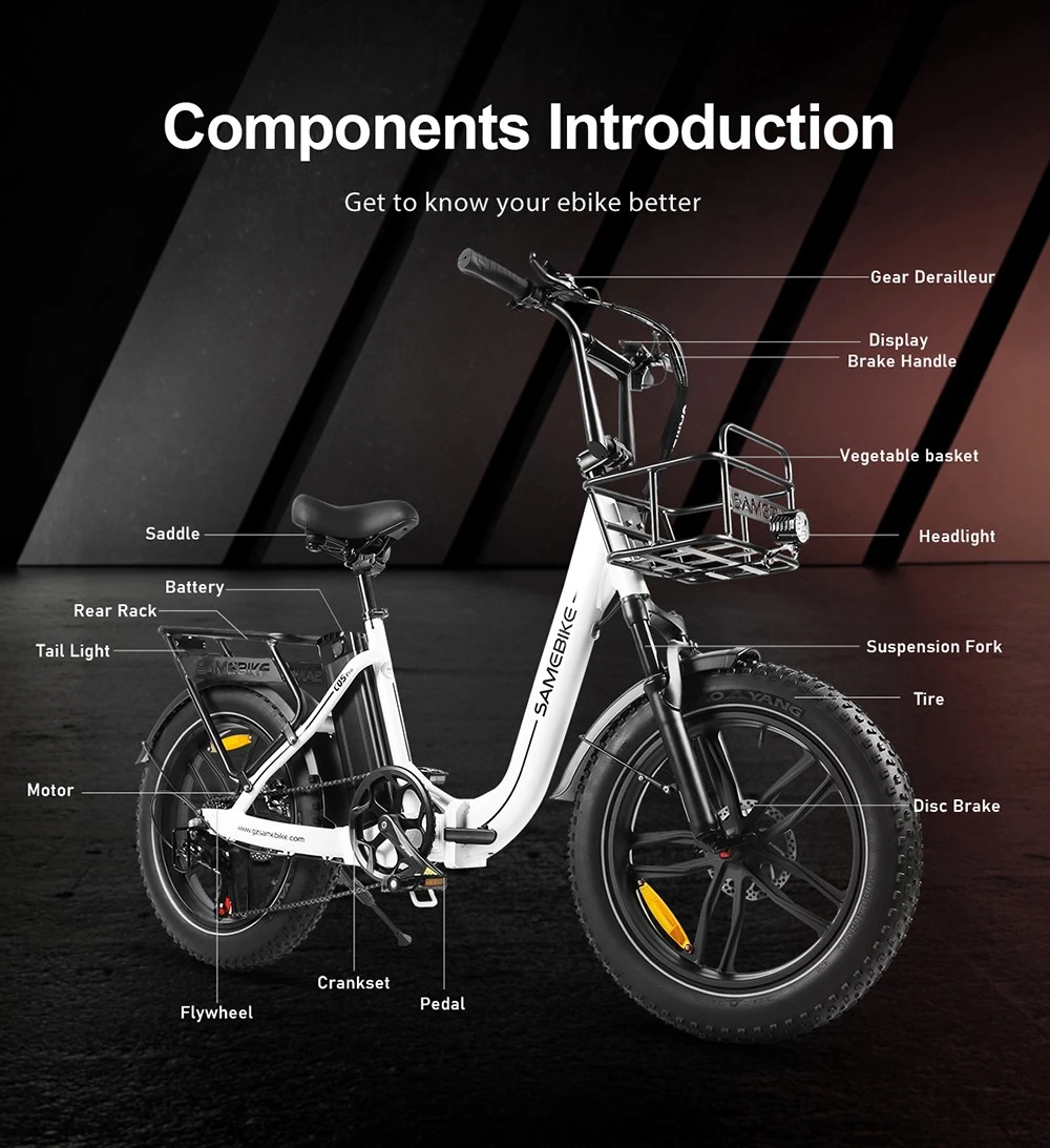 Vélo électrique SAMEBIKE C05 Pro, moteur 500 W, batterie 36 V 13 Ah, pneus 20 x 4 pouces, vitesse maximale 35 km/h, autonomie maximale 70 km, freins à disque mécaniques, Shimano 7 vitesses - Blanc