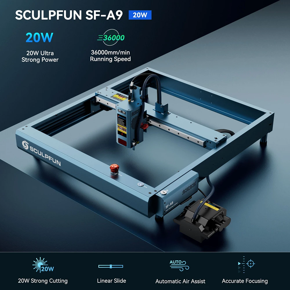 SCULPFUN SF-A9 20W Laser Engraver, 36000mm/min Engraving Speed, Emergency Stop & Child Lock Switch, Adjustable Height, Automatic Air Assist, WiFi/USB/BT Function, 400x400mm