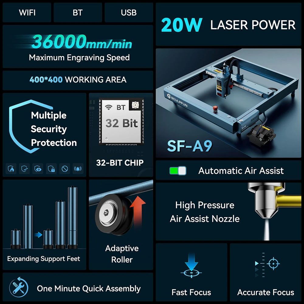 SCULPFUN SF-A9 20W Laser Engraver, 36000mm/min Engraving Speed, Emergency Stop & Child Lock Switch, Adjustable Height, Automatic Air Assist, WiFi/USB/BT Function, 400x400mm