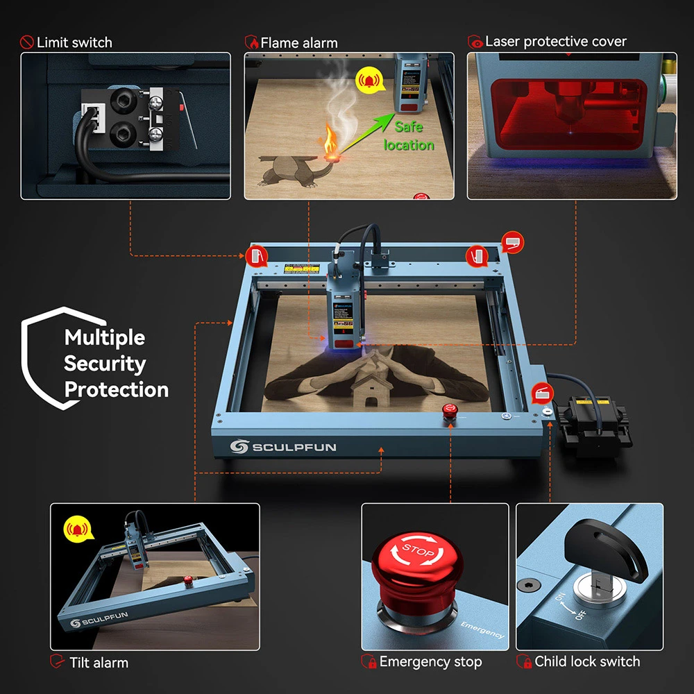 SCULPFUN SF-A9 20W Laser Engraver, 36000mm/min Engraving Speed, Emergency Stop & Child Lock Switch, Adjustable Height, Automatic Air Assist, WiFi/USB/BT Function, 400x400mm