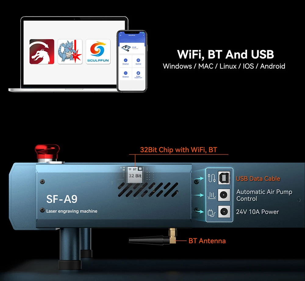 SCULPFUN SF-A9 20W Laser Engraver, 36000mm/min Engraving Speed, Emergency Stop & Child Lock Switch, Adjustable Height, Automatic Air Assist, WiFi/USB/BT Function, 400x400mm