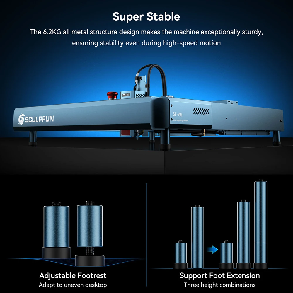 SCULPFUN SF-A9 20W Laser Engraver, 36000mm/min Engraving Speed, Emergency Stop & Child Lock Switch, Adjustable Height, Automatic Air Assist, WiFi/USB/BT Function, 400x400mm