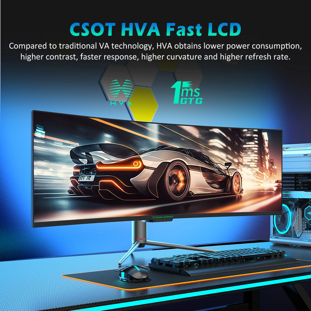 TITAN ARMY C49SHC 49-inch Gaming Monitor,  3840*1080 CSOT HVA Panel, 32:9 Oversized Curved Screen, 144Hz High Refresh Rate, Smart PIP/PBP Split Screen, Adaptive-Sync, 1*HDMI 2.0 1*DP 1.4 1*Full-Feature USB-C 1*USB-B 2*USB-A, 65W Reverse Charging