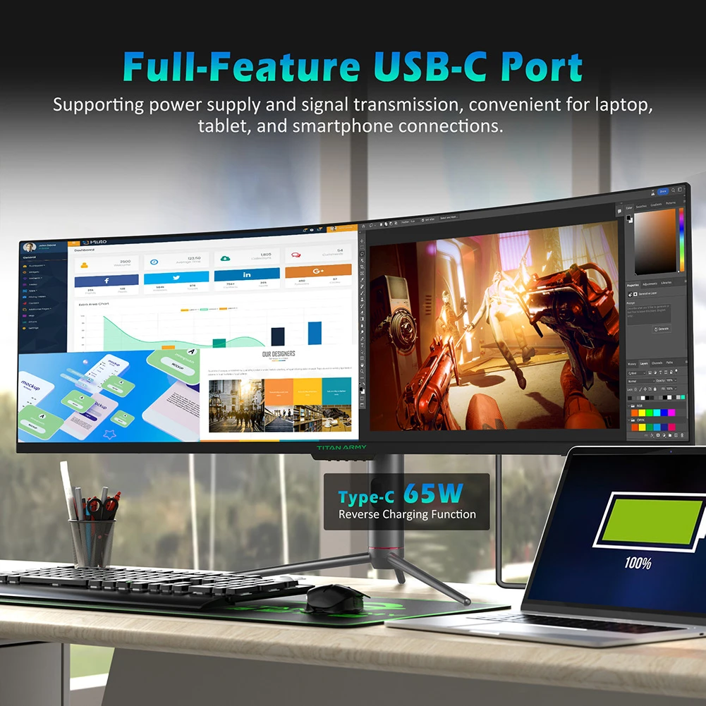 TITAN ARMY C49SHC 49-inch Gaming Monitor,  3840*1080 CSOT HVA Panel, 32:9 Oversized Curved Screen, 144Hz High Refresh Rate, Smart PIP/PBP Split Screen, Adaptive-Sync, 1*HDMI 2.0 1*DP 1.4 1*Full-Feature USB-C 1*USB-B 2*USB-A, 65W Reverse Charging
