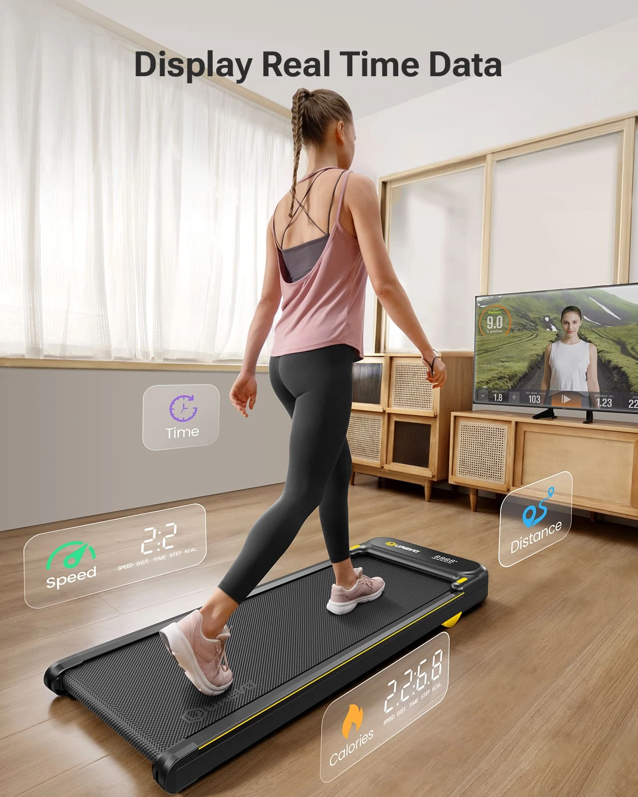 UREVO Spacewalk E4 Treadmill, 1-6KM/h Speed, 120kg Max Load, 2.25HP Motor, <45dB Low Noise, 102*38cm Walking Area, Double Shock Absorption, LED Display, Remote Control