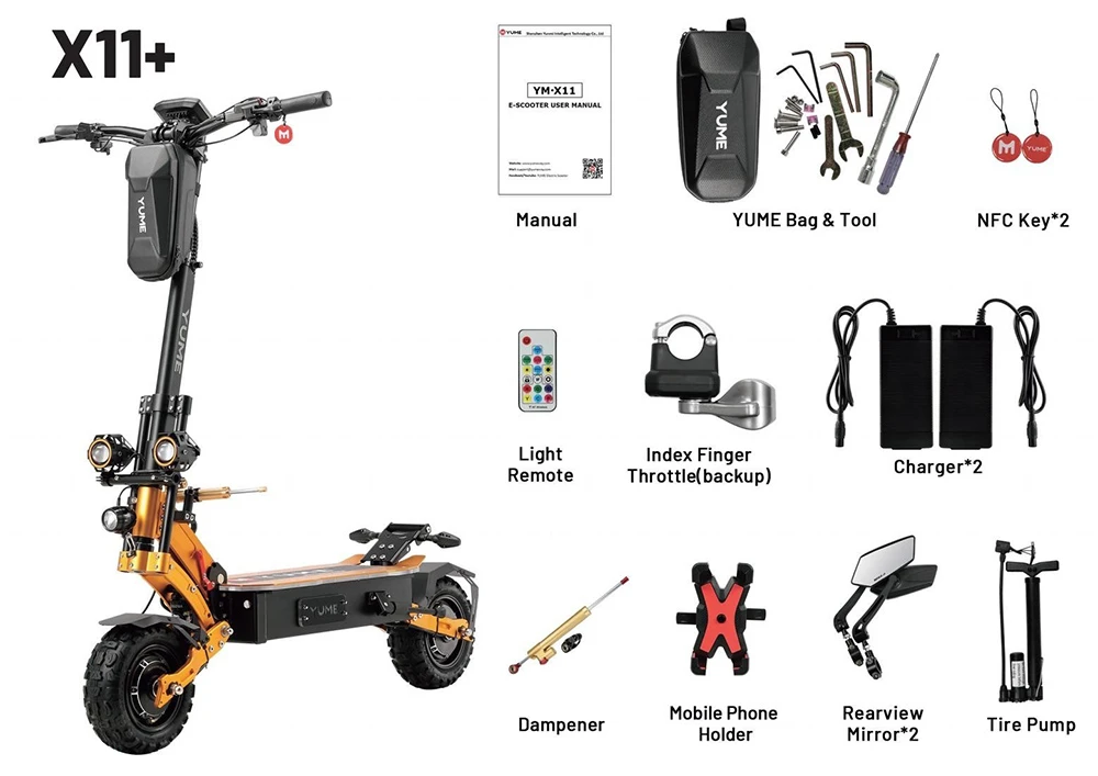 YUME X11+ Electric Scooter, 3000W*2 Motor, 60V 30Ah Battery, 11-inch Off-road Fat Tires, 50mph Max Speed, 60miles Max Range, EBS Front & Rear Hydraulic Disk Brakes, LCD Display