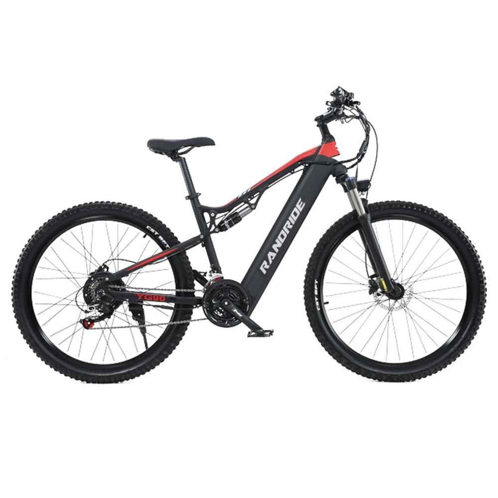 RANDRIDE YG90B Electric Bike 1000W Motor 45km/h Max Speed 48V 17Ah Removable battery 70-90KM Max Range 27.5*2.4'' CST Tires 120kg Load Shimano 21 Gears - Black & Red