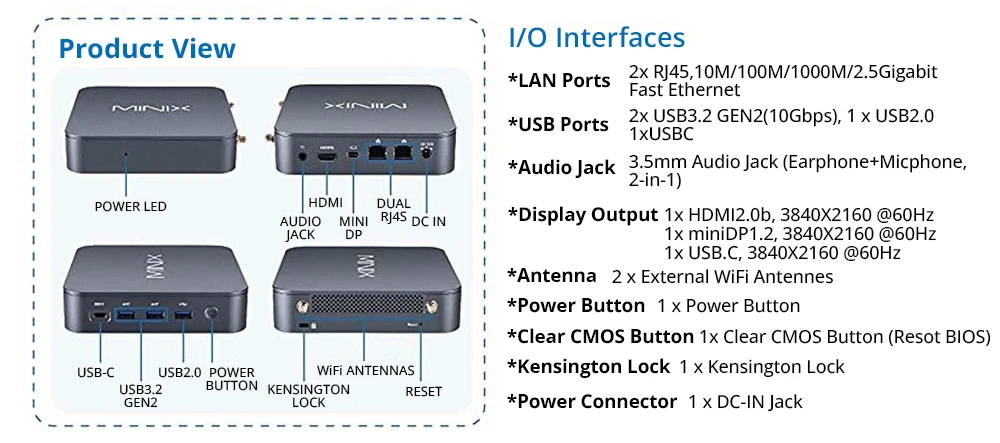 MINIX NEO J51-C8 Max Mini PC, Intel N5105 4 πυρήνες Max 2.90GHz, 8GB RAM 512GB SSD, HDMI + Mini DP+ USB-C 4K@60Hz τριπλή οθόνη, WiFi 6 Bluetooth 5.2, 2*USB 3.2 1*USB 2.0 2*2.5G RJ45 1*3.5mm υποδοχή ήχου, τοποθέτηση VESA