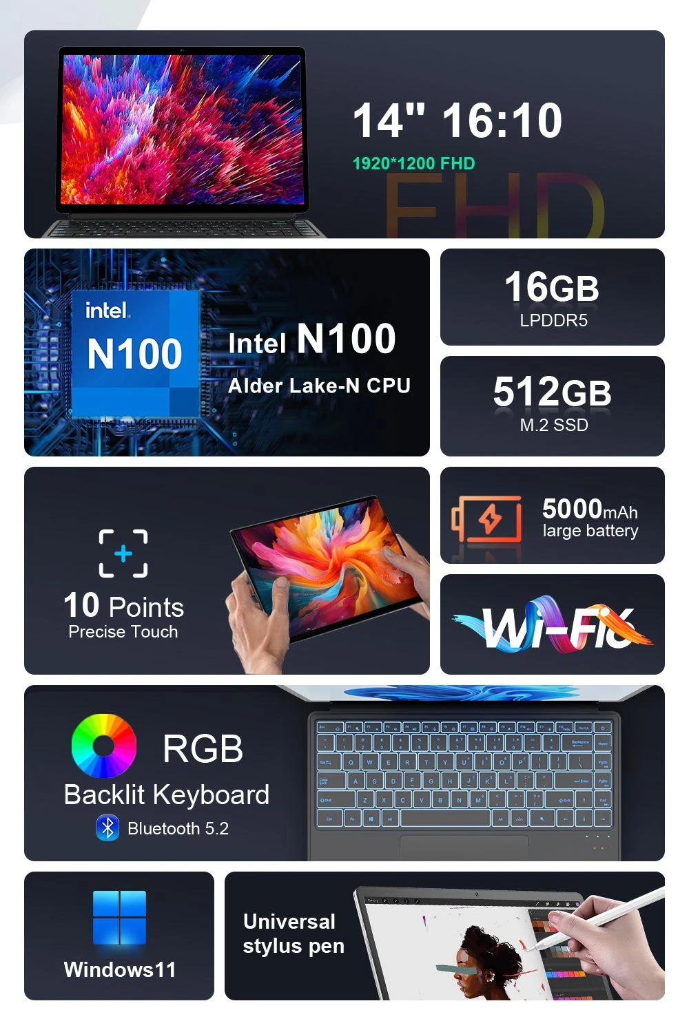 Ninkear T40 2-in-1 Tablet PC, 14'' 1920*1200 IPS Touchscreen, Intel N100 4 Cores 3.4GHz, 16GB RAM 512GB SSD, WiFi 6 Bluetooth 5.2, 5000mAh Battery, Detachable RGB Backlit Bluetooth Keyboard, 1*Full-featured USB-C, 1*Data Only USB-C, 1* Micro HDMI