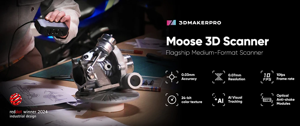 3DMakerpro Moose 3D Scanner, 0.03mm Accuracy, 0.07mm Resolution, Blue LED Light Source, 24-bit Color Camera, Al Visual Tracking, 10fps Frame Rate, Anti-Shake Lenses, Compatible with Windows/MacOS